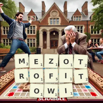 Kreatywna ilustracja do gry w Scrabble ze słowem MEZOTROFITOWI ułożonym z płytek na planszy.