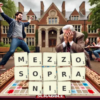 Kreatywna ilustracja do gry w Scrabble ze słowem MEZZOSOPRANIE ułożonym z płytek na planszy.