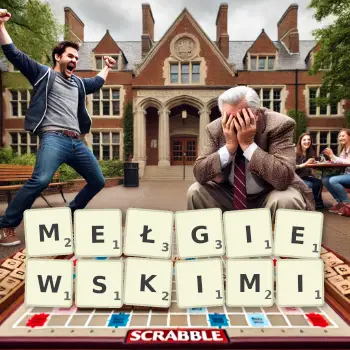 Kreatywna ilustracja do gry w Scrabble ze słowem MEŁGIEWSKIMI ułożonym z płytek na planszy.