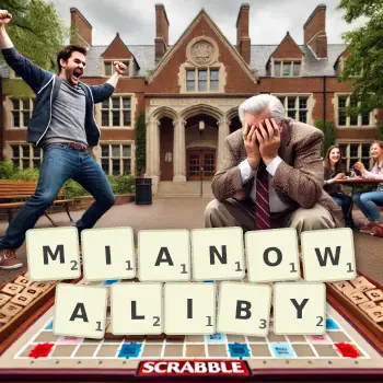 Kreatywna ilustracja do gry w Scrabble ze słowem MIANOWALIBY ułożonym z płytek na planszy.