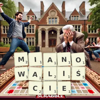 Kreatywna ilustracja do gry w Scrabble ze słowem MIANOWALIŚCIE ułożonym z płytek na planszy.