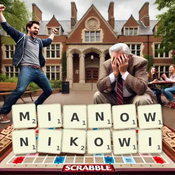 Kreatywna ilustracja do gry w Scrabble ze słowem MIANOWNIKOWI ułożonym z płytek na planszy.