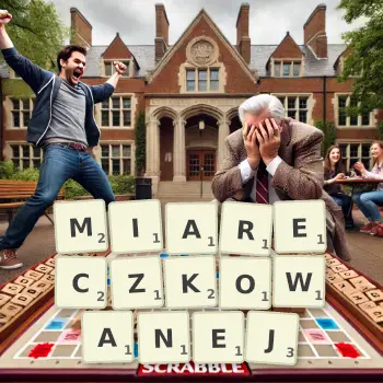 Kreatywna ilustracja do gry w Scrabble ze słowem MIARECZKOWANEJ ułożonym z płytek na planszy.