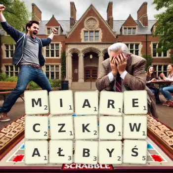 Kreatywna ilustracja do gry w Scrabble ze słowem MIARECZKOWAŁBYŚ ułożonym z płytek na planszy.
