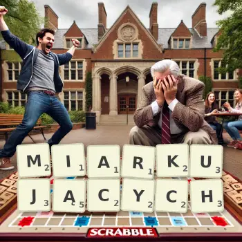 Kreatywna ilustracja do gry w Scrabble ze słowem MIARKUJĄCYCH ułożonym z płytek na planszy.