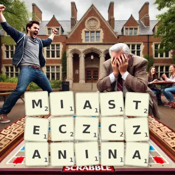 Kreatywna ilustracja do gry w Scrabble ze słowem MIASTECZCZANINA ułożonym z płytek na planszy.