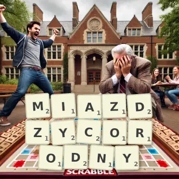 Kreatywna ilustracja do gry w Scrabble ze słowem MIAZDZYCORODNY ułożonym z płytek na planszy.
