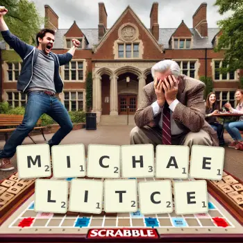 Kreatywna ilustracja do gry w Scrabble ze słowem MICHAELITCE ułożonym z płytek na planszy.