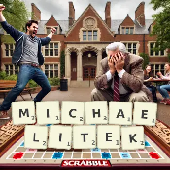 Kreatywna ilustracja do gry w Scrabble ze słowem MICHAELITEK ułożonym z płytek na planszy.