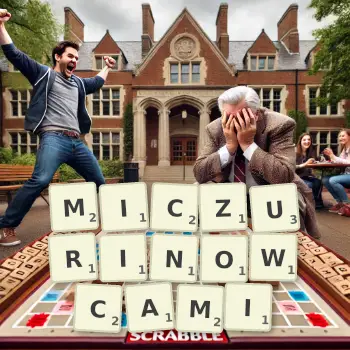 Kreatywna ilustracja do gry w Scrabble ze słowem MICZURINOWCAMI ułożonym z płytek na planszy.