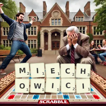 Kreatywna ilustracja do gry w Scrabble ze słowem MIECHOWICI ułożonym z płytek na planszy.