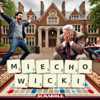 Kreatywna ilustracja do gry w Scrabble ze słowem MIECHOWICKI ułożonym z płytek na planszy.