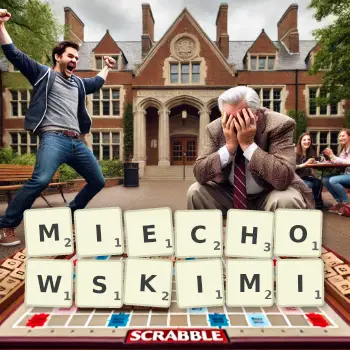 Kreatywna ilustracja do gry w Scrabble ze słowem MIECHOWSKIMI ułożonym z płytek na planszy.