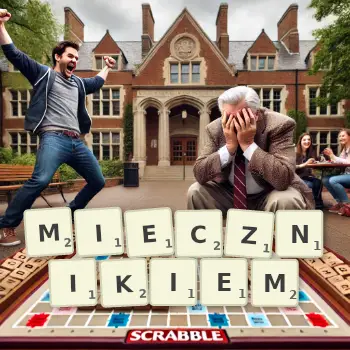 Kreatywna ilustracja do gry w Scrabble ze słowem MIECZNIKIEM ułożonym z płytek na planszy.