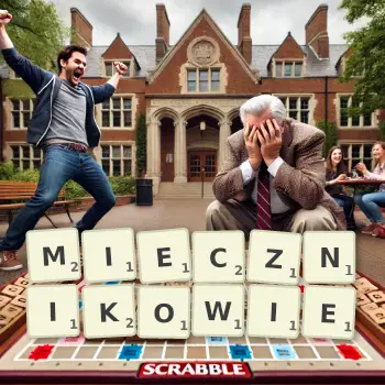 Kreatywna ilustracja do gry w Scrabble ze słowem MIECZNIKOWIE ułożonym z płytek na planszy.