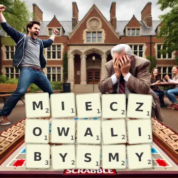 Kreatywna ilustracja do gry w Scrabble ze słowem MIECZOWALIBYSMY ułożonym z płytek na planszy.