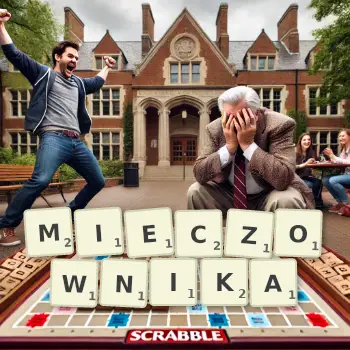 Kreatywna ilustracja do gry w Scrabble ze słowem MIECZOWNIKA ułożonym z płytek na planszy.