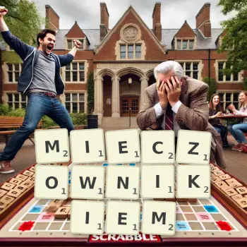 Kreatywna ilustracja do gry w Scrabble ze słowem MIECZOWNIKIEM ułożonym z płytek na planszy.