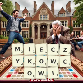 Kreatywna ilustracja do gry w Scrabble ze słowem MIECZYKOWCOWI ułożonym z płytek na planszy.