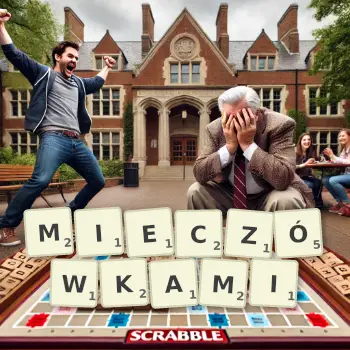 Kreatywna ilustracja do gry w Scrabble ze słowem MIECZÓWKAMI ułożonym z płytek na planszy.