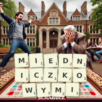 Kreatywna ilustracja do gry w Scrabble ze słowem MIEDNICZKOWYMI ułożonym z płytek na planszy.