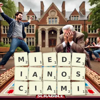 Kreatywna ilustracja do gry w Scrabble ze słowem MIEDZIANOSCIAMI ułożonym z płytek na planszy.