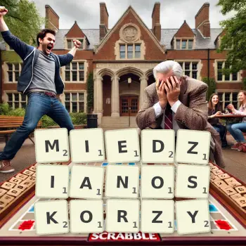 Kreatywna ilustracja do gry w Scrabble ze słowem MIEDZIANOSKORZY ułożonym z płytek na planszy.