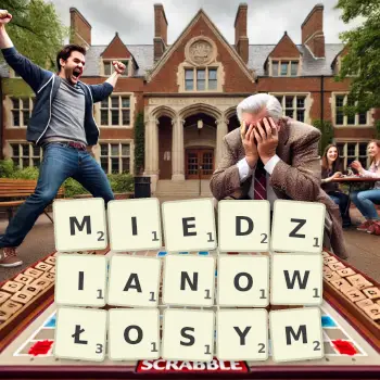 Kreatywna ilustracja do gry w Scrabble ze słowem MIEDZIANOWŁOSYM ułożonym z płytek na planszy.
