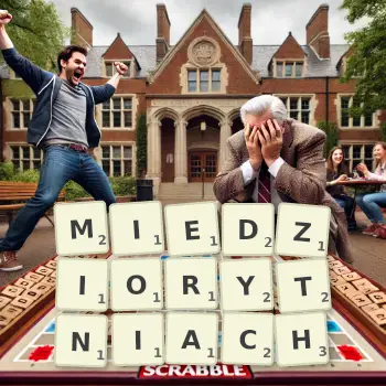 Kreatywna ilustracja do gry w Scrabble ze słowem MIEDZIORYTNIACH ułożonym z płytek na planszy.