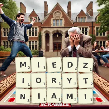 Kreatywna ilustracja do gry w Scrabble ze słowem MIEDZIORYTNIAMI ułożonym z płytek na planszy.