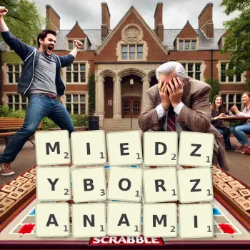 Kreatywna ilustracja do gry w Scrabble ze słowem MIEDZYBORZANAMI ułożonym z płytek na planszy.