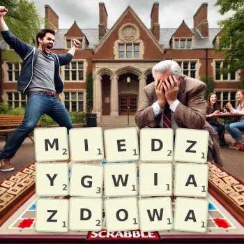 Kreatywna ilustracja do gry w Scrabble ze słowem MIEDZYGWIAZDOWA ułożonym z płytek na planszy.