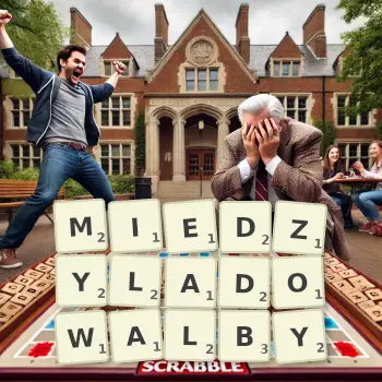 Kreatywna ilustracja do gry w Scrabble ze słowem MIEDZYLADOWALBY ułożonym z płytek na planszy.
