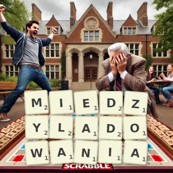 Kreatywna ilustracja do gry w Scrabble ze słowem MIEDZYLADOWANIA ułożonym z płytek na planszy.