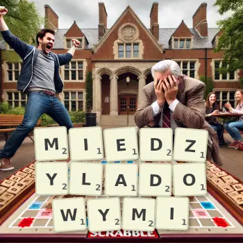 Kreatywna ilustracja do gry w Scrabble ze słowem MIEDZYLADOWYMI ułożonym z płytek na planszy.