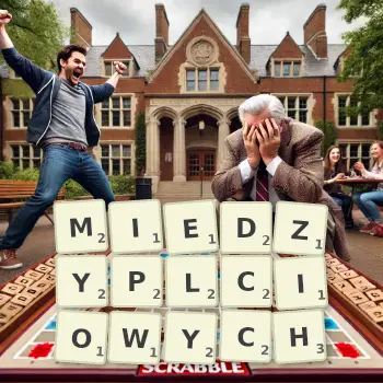 Kreatywna ilustracja do gry w Scrabble ze słowem MIEDZYPLCIOWYCH ułożonym z płytek na planszy.