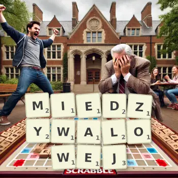 Kreatywna ilustracja do gry w Scrabble ze słowem MIEDZYWALOWEJ ułożonym z płytek na planszy.
