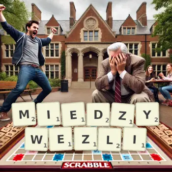 Kreatywna ilustracja do gry w Scrabble ze słowem MIEDZYWEZLI ułożonym z płytek na planszy.