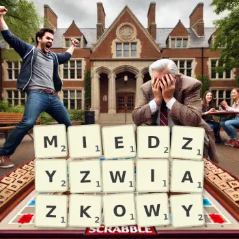 Kreatywna ilustracja do gry w Scrabble ze słowem MIEDZYZWIAZKOWY ułożonym z płytek na planszy.