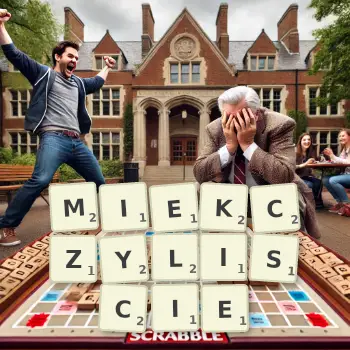 Kreatywna ilustracja do gry w Scrabble ze słowem MIEKCZYLISCIE ułożonym z płytek na planszy.