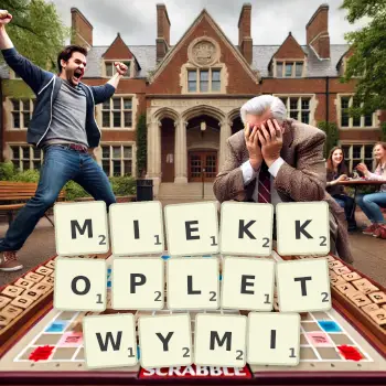 Kreatywna ilustracja do gry w Scrabble ze słowem MIEKKOPLETWYMI ułożonym z płytek na planszy.