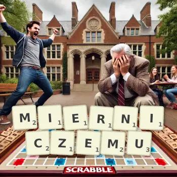 Kreatywna ilustracja do gry w Scrabble ze słowem MIERNICZEMU ułożonym z płytek na planszy.