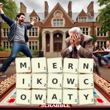 Kreatywna ilustracja do gry w Scrabble ze słowem MIERNIKOWCOWATY ułożonym z płytek na planszy.