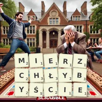 Kreatywna ilustracja do gry w Scrabble ze słowem MIERZCHŁYBYŚCIE ułożonym z płytek na planszy.