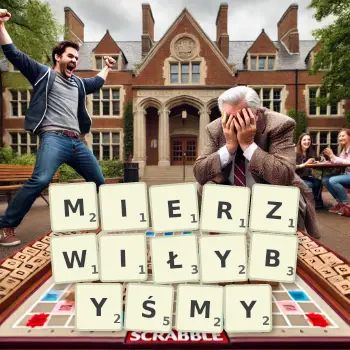 Kreatywna ilustracja do gry w Scrabble ze słowem MIERZWIŁYBYŚMY ułożonym z płytek na planszy.