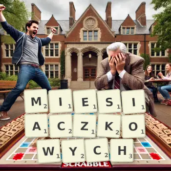Kreatywna ilustracja do gry w Scrabble ze słowem MIESIACZKOWYCH ułożonym z płytek na planszy.