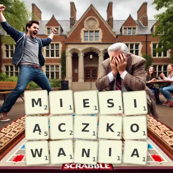 Kreatywna ilustracja do gry w Scrabble ze słowem MIESIĄCZKOWANIA ułożonym z płytek na planszy.
