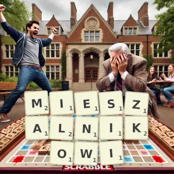 Kreatywna ilustracja do gry w Scrabble ze słowem MIESZALNIKOWI ułożonym z płytek na planszy.