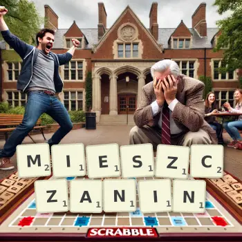 Kreatywna ilustracja do gry w Scrabble ze słowem MIESZCZANIN ułożonym z płytek na planszy.