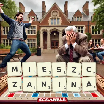 Kreatywna ilustracja do gry w Scrabble ze słowem MIESZCZANINA ułożonym z płytek na planszy.